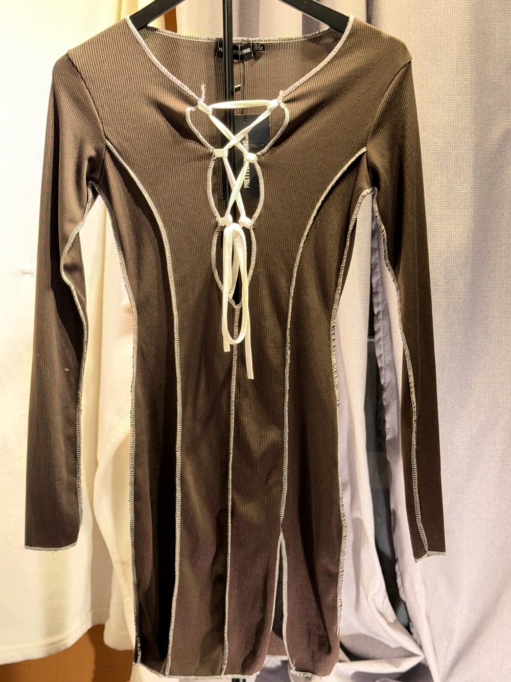 Brown Long Sleeve Lace-Up Ribbed Mini Dress with Contrast Stitching Bodycon Sz S - Picture 6 of 11
